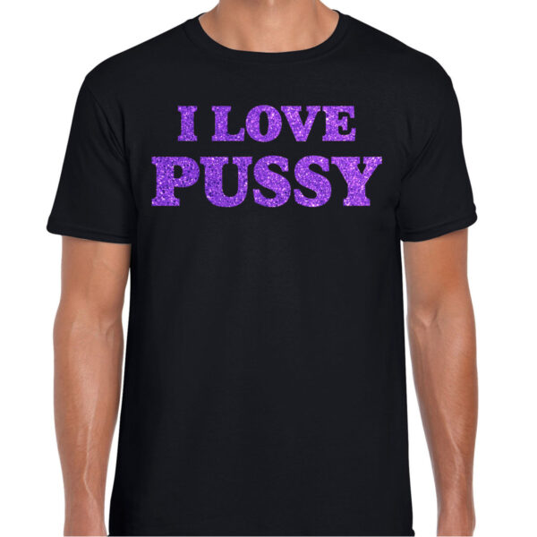 Foute party t-shirt heren - I love Pussy - zwart - glitter paars